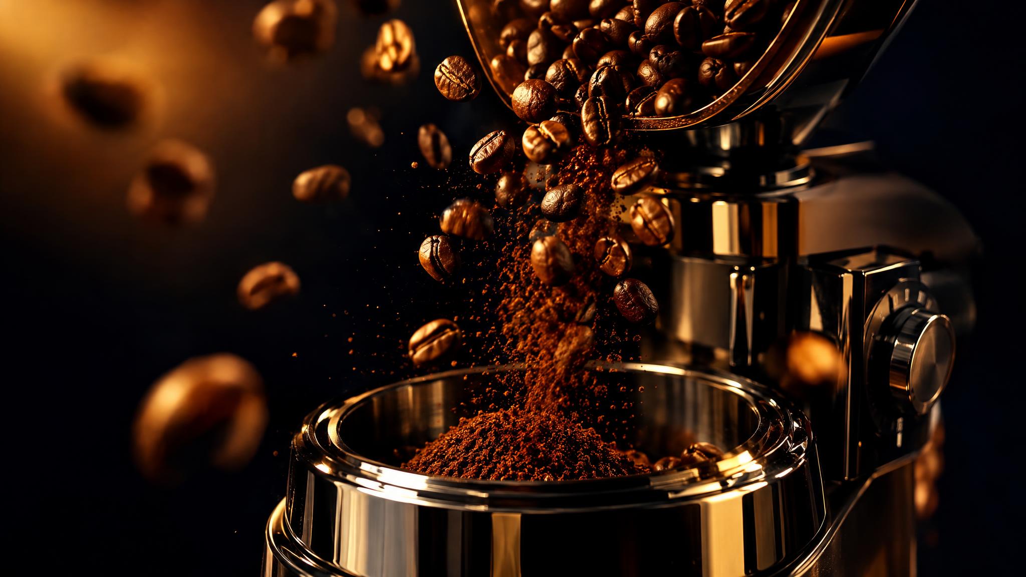 Coffee beans falling into a premium grinder in warm light