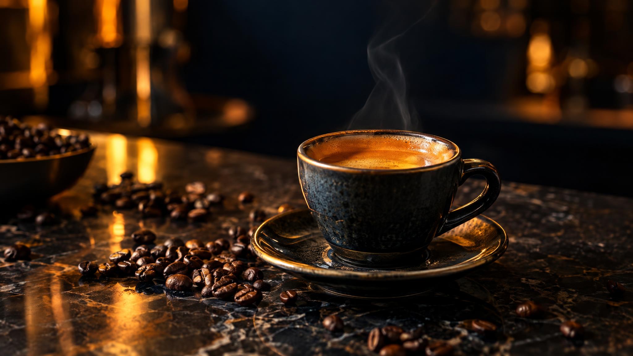 The finished espresso with golden crema on a dark marble counter