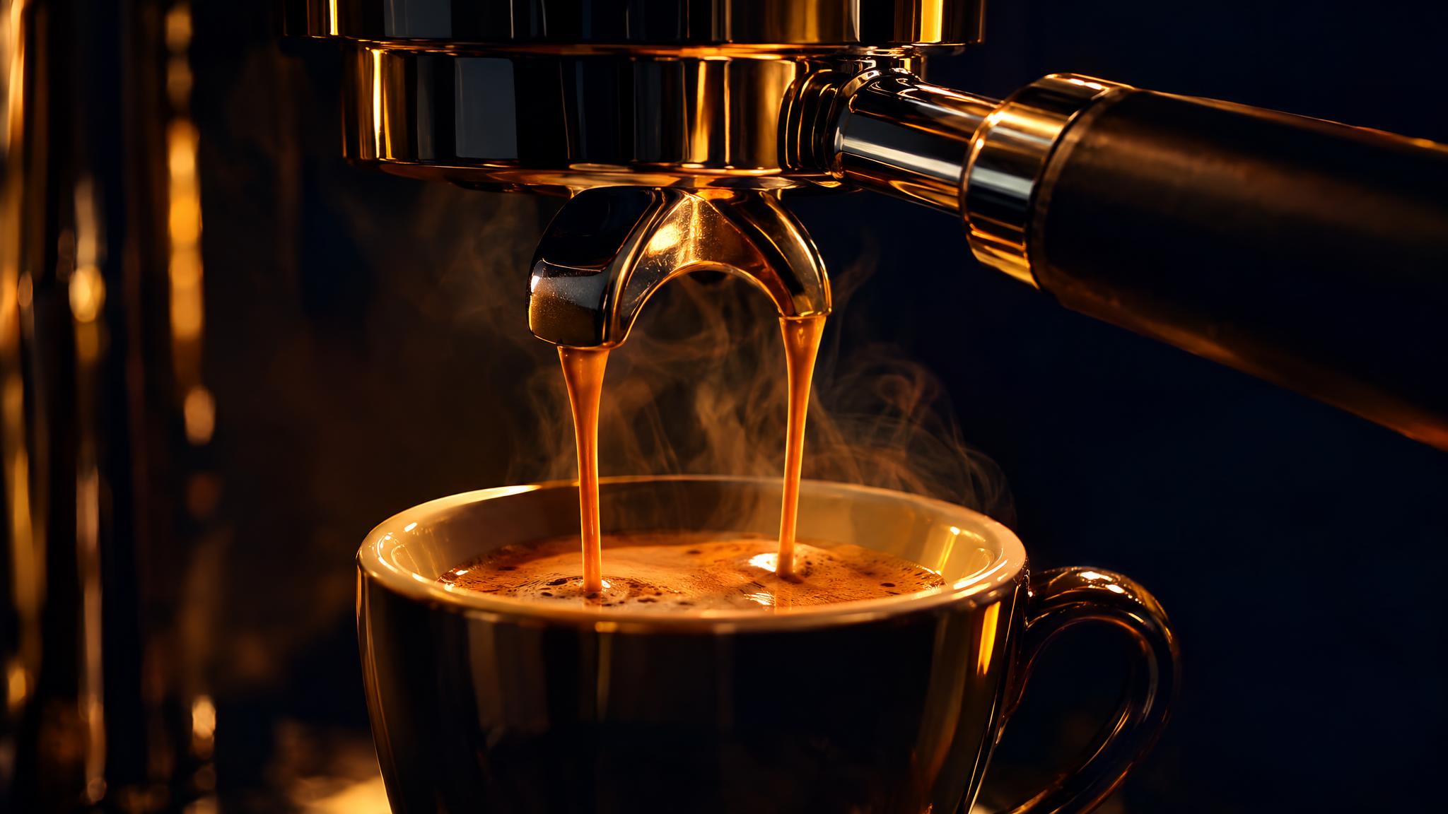 Espresso flowing from the machine into an elegant cup